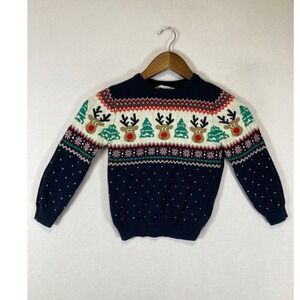 Holiday Festive Primark Kids 6-7Y Navy Reindeer Fair Isle Knit Christmas Sweater
